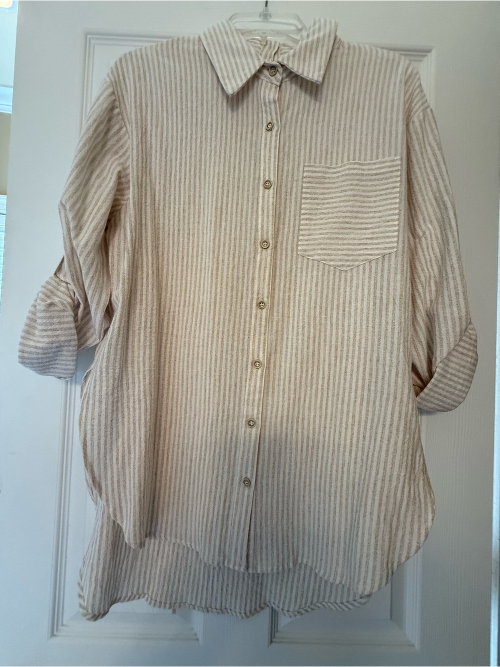 Women’s Cream and Beige Striped Button-Up Shirt Small